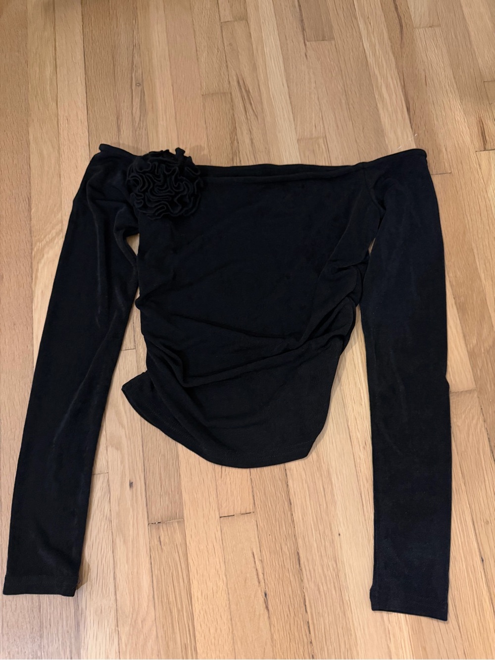 Princess Polly Black Off-Shoulder Long Sleeve Top with Floral Accent